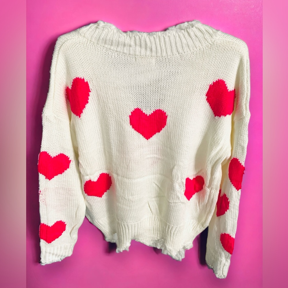 🩷NEW🩷 Hot Pink Hearts Abound Distressed Sweater Size Medium - Picture 4 of 7